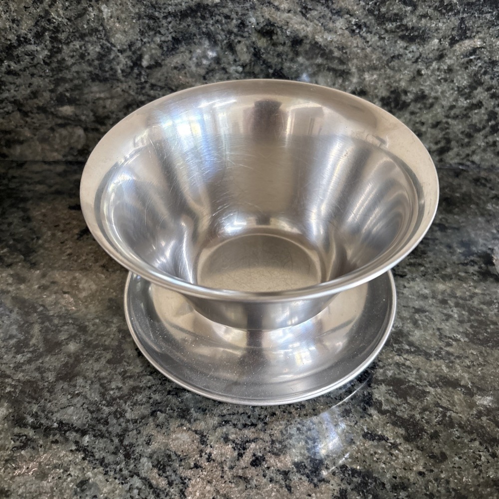 Vintage MCM Gravy Sauce Bowl Attached Underplate 18/8 Stainless Steel Denmark